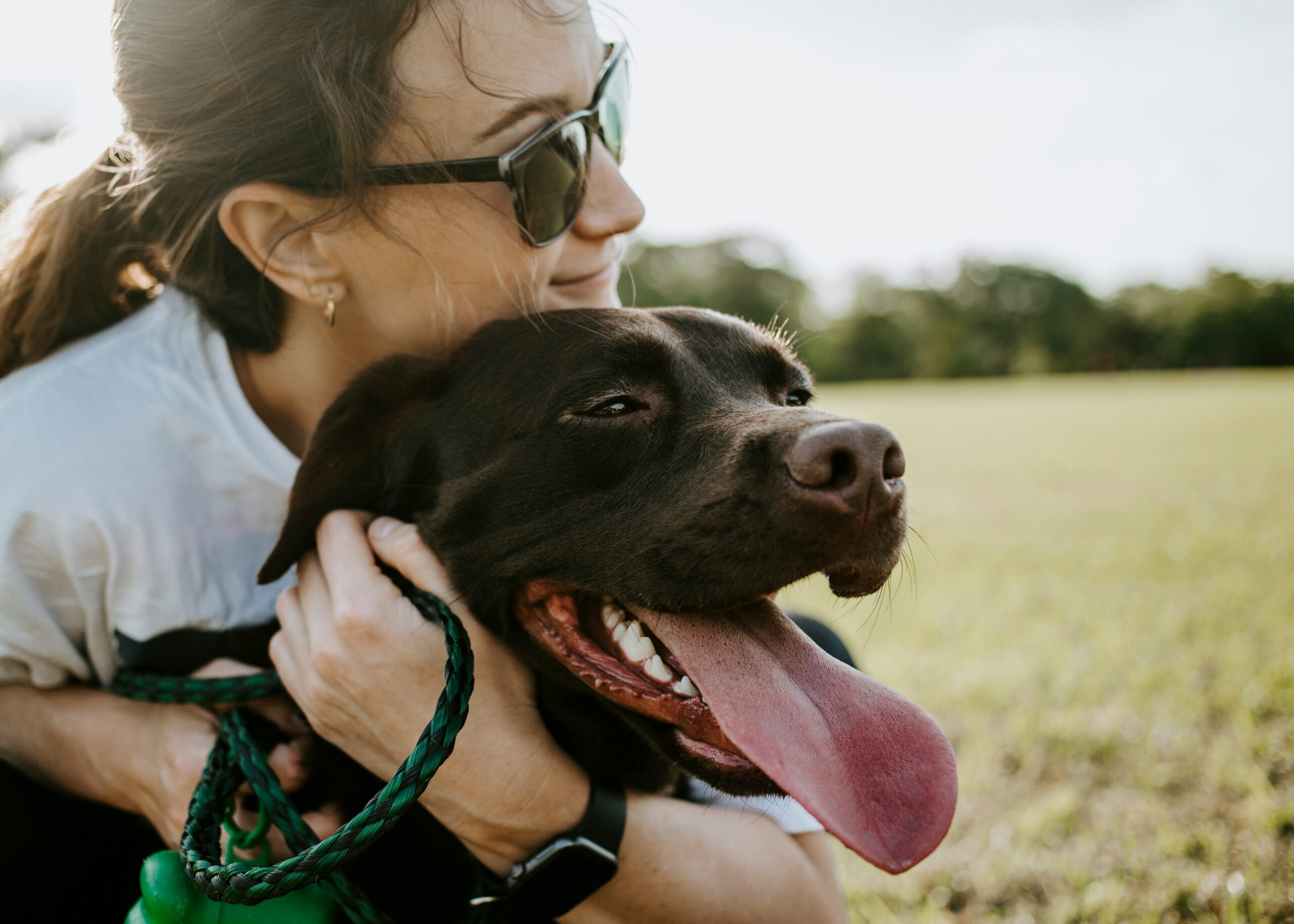 Woman wearing sunglasses hugs a happy brown dog with its tongue out in a grassy field.