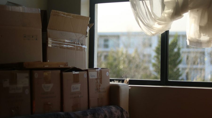 Moving boxes stacked near a window with sheer curtains blowing in sunlight.